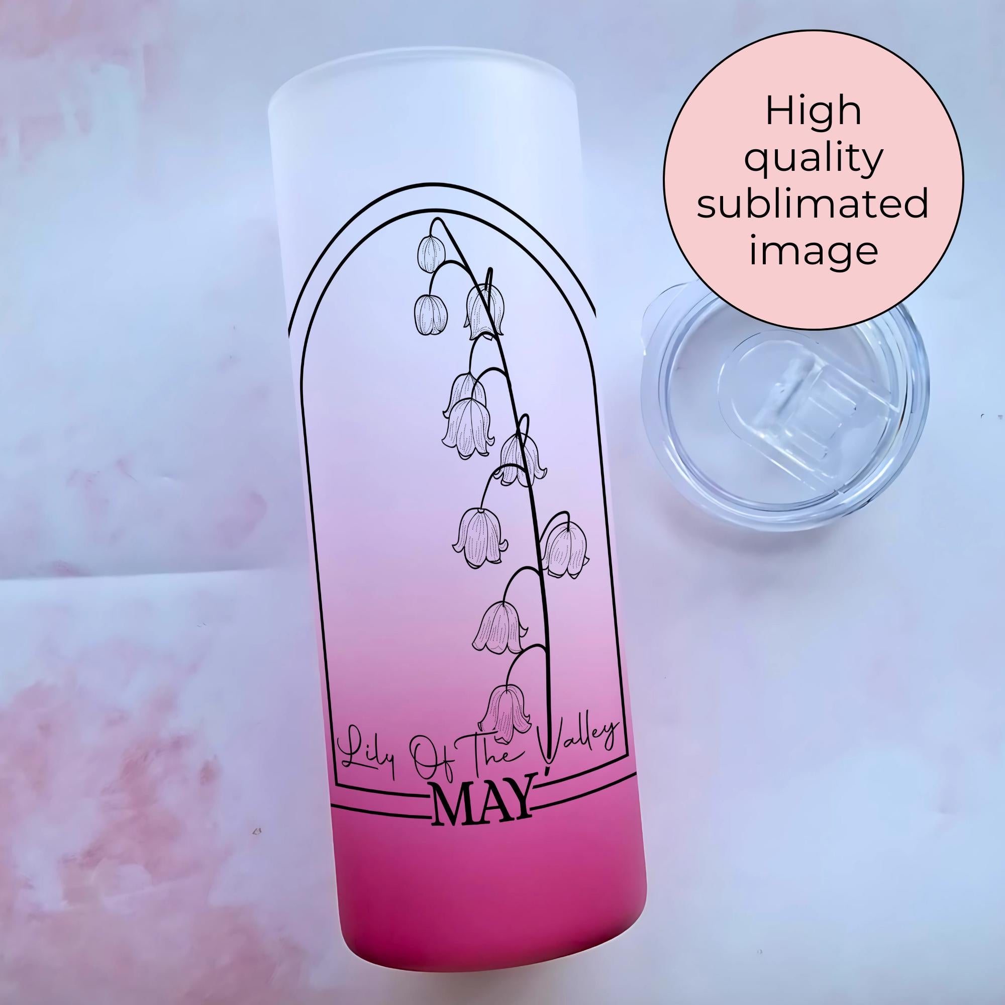 May Ombre Glass Tumbler With Lily Of The Valley Line Art Flower, Gift For Mum, Sister