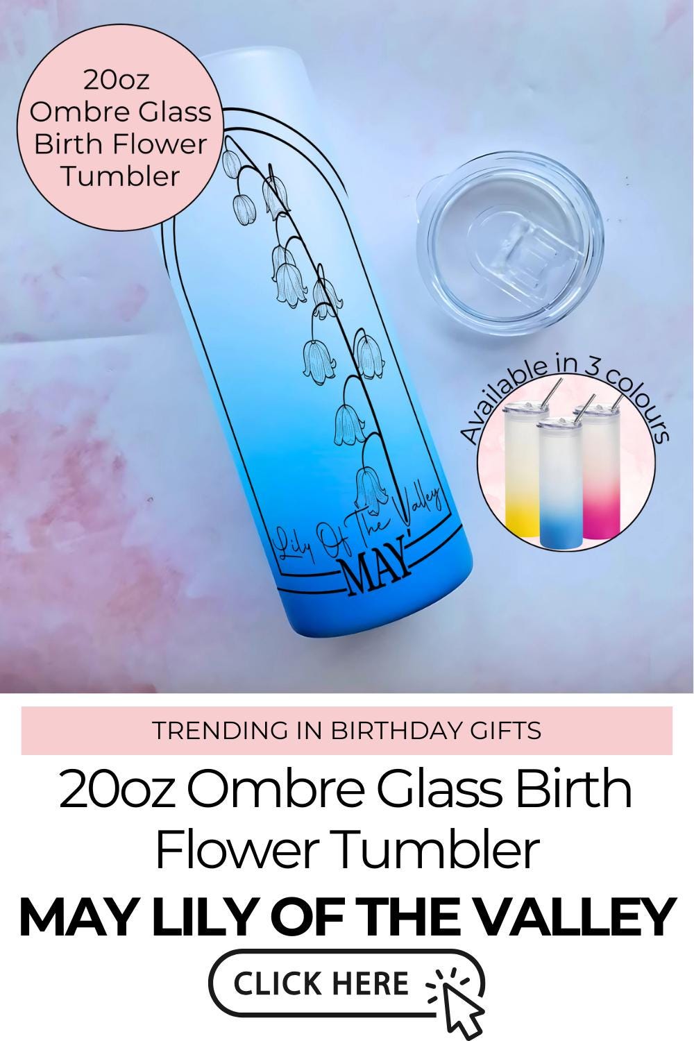 May Ombre Glass Tumbler With Lily Of The Valley Line Art Flower, Gift For Mum, Sister