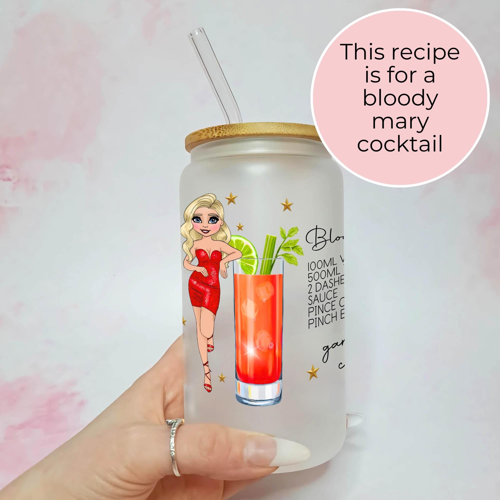 Personalised Bloody Mary Character Glass With Cocktail Recipe, Milestone Birthday Gift For Her