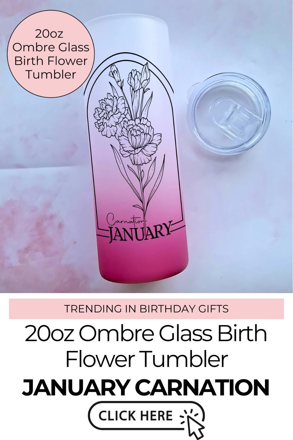 January Birth Flower Ombre Tumbler, Carnation Line Art Tumbler For Her