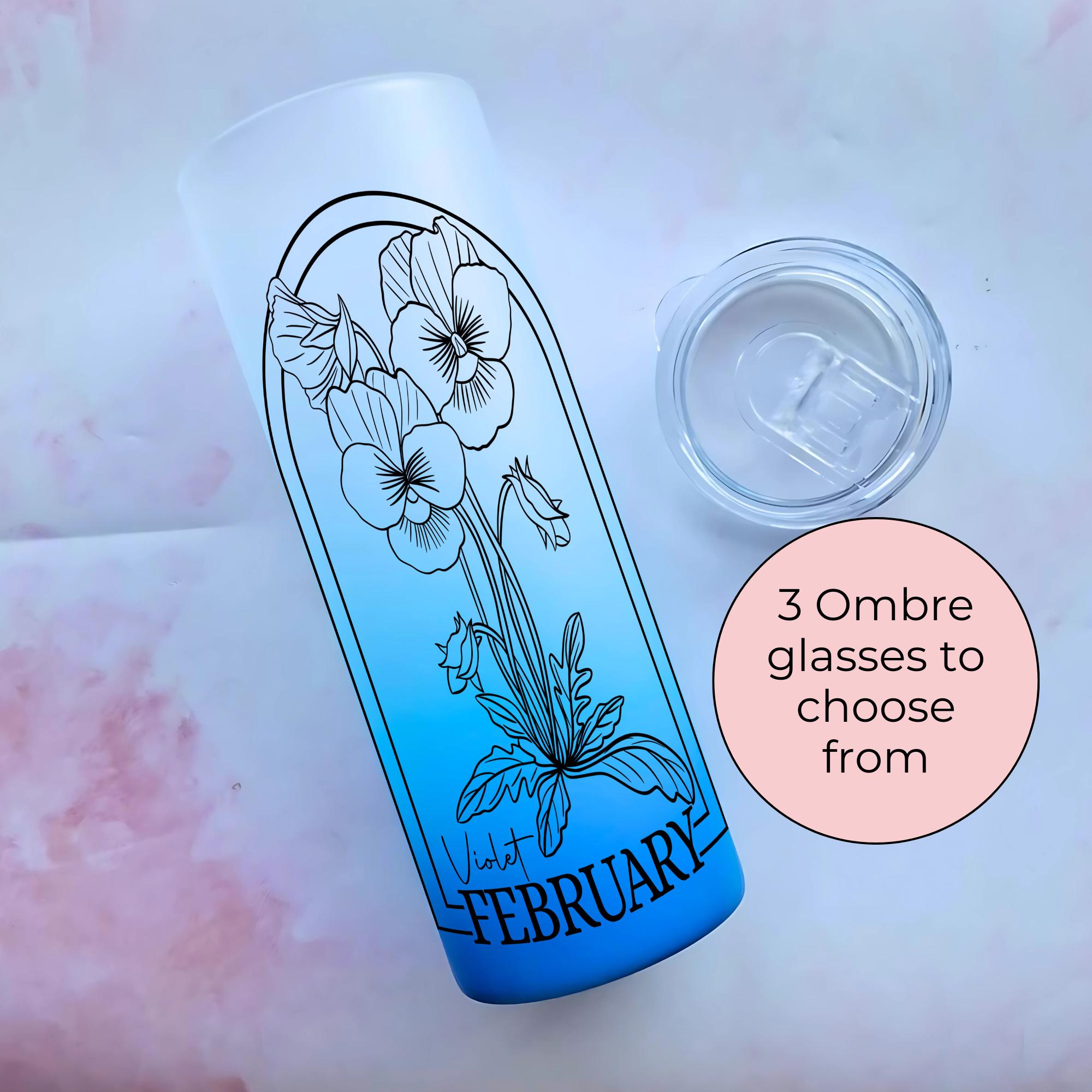 February Birth flower Ombre Tumbler, Violet Line Art Glass Gift for Mothers Day