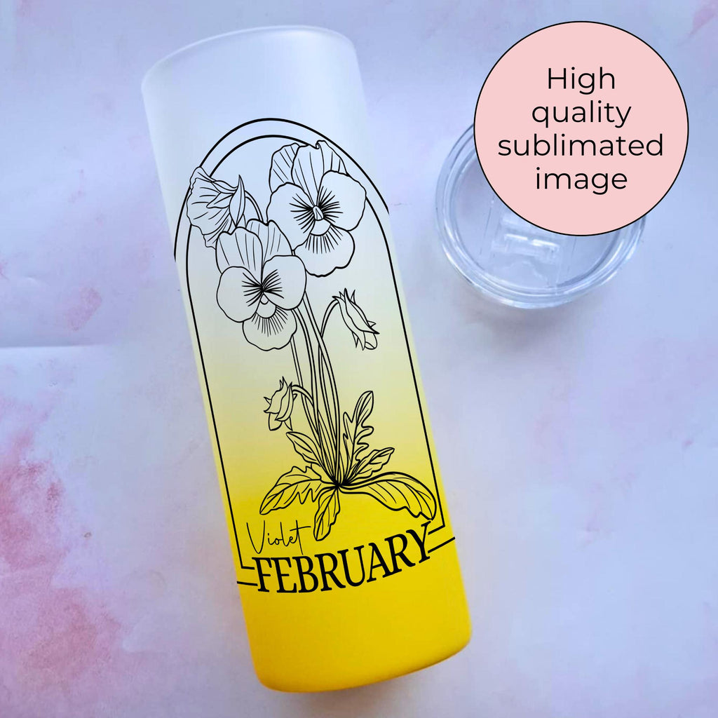 February Birth flower Ombre Tumbler, Violet Line Art Glass Gift for Mothers Day