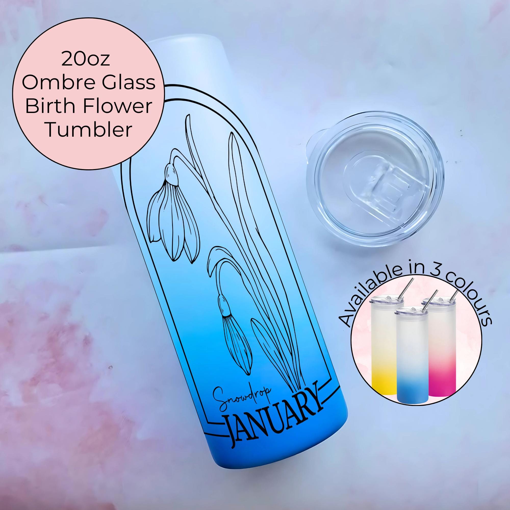 January Birth Flower 20oz Ombre Tumbler, Snowdrop Line Art Design