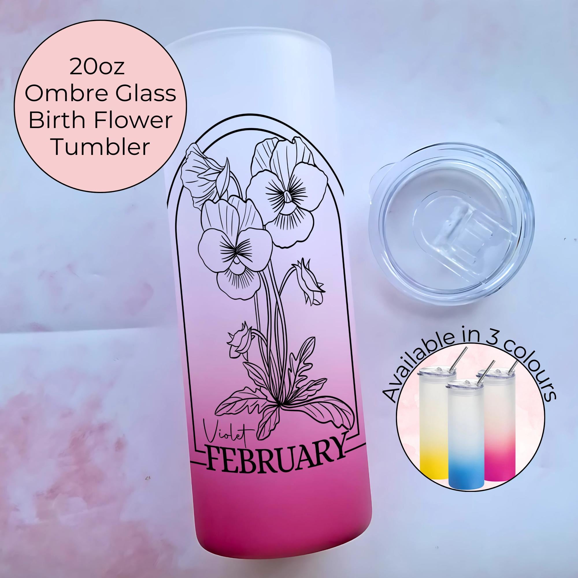 February Birth flower Ombre Tumbler, Violet Line Art Glass Gift for Mothers Day