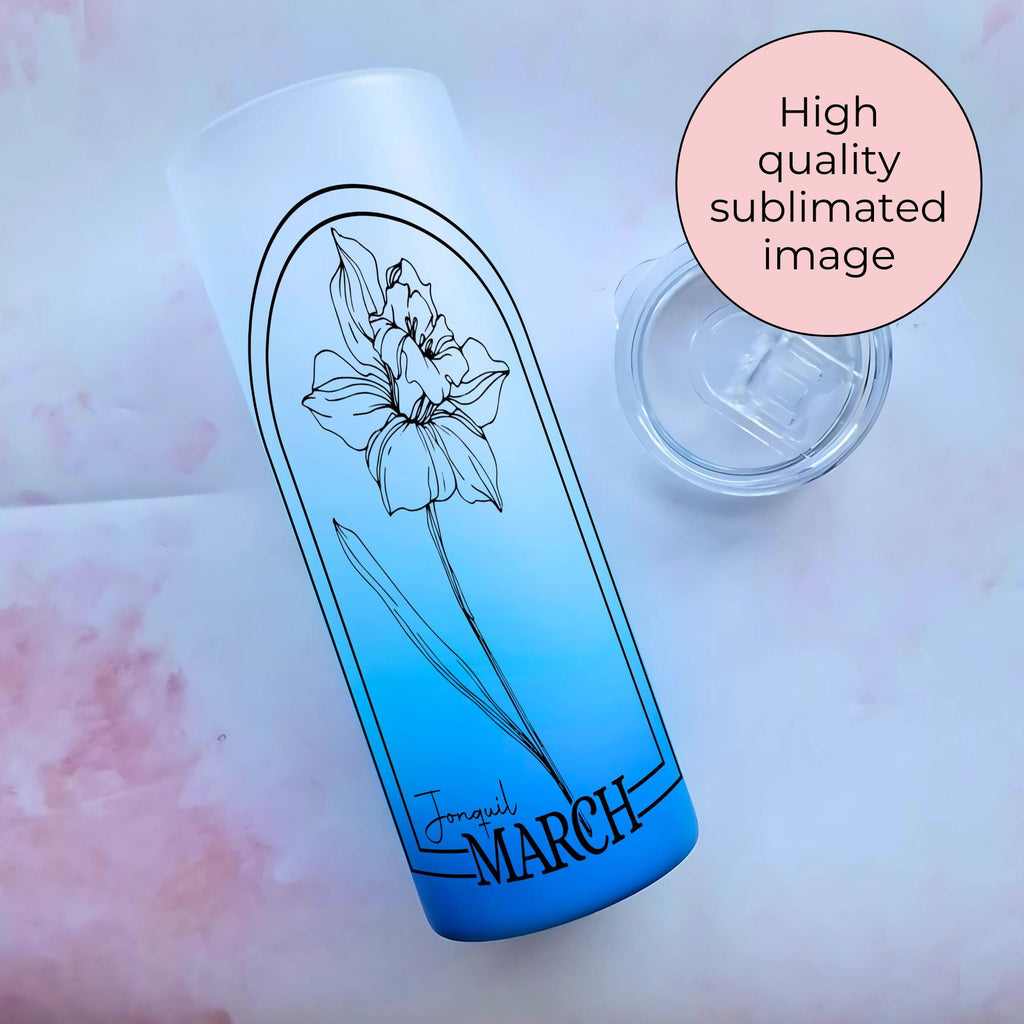 March Birth Flower Glass Tumbler, Jonquil Line Ombre Glass Gift For Her