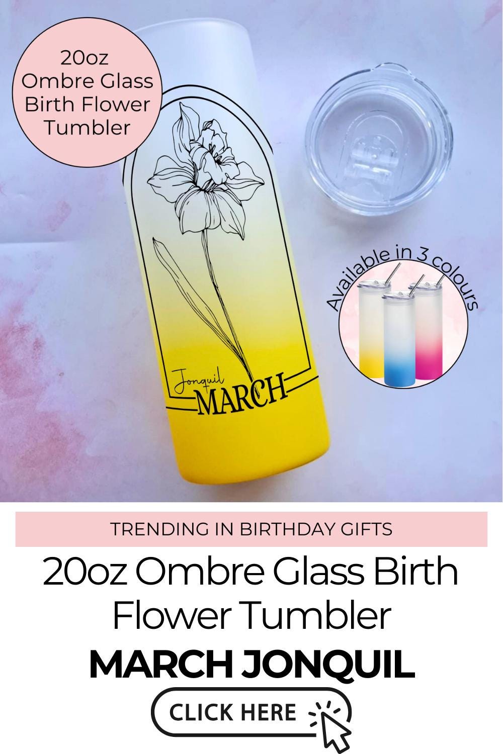 March Birth Flower Glass Tumbler, Jonquil Line Ombre Glass Gift For Her