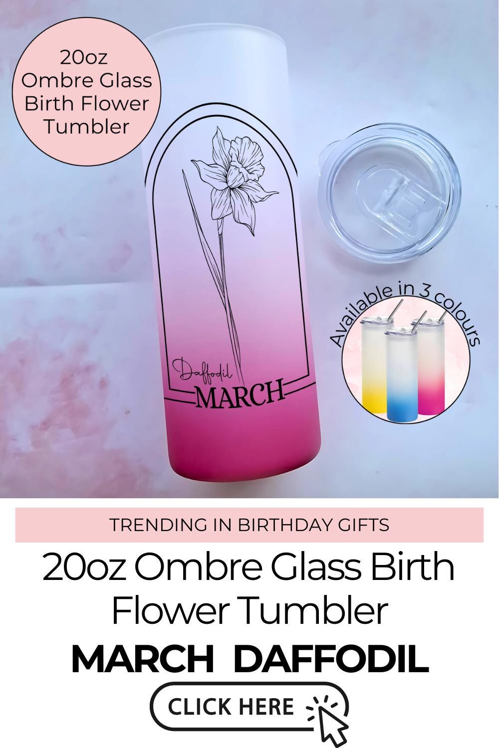 March Birth Flower Ombre Tumbler Gift, Daffodil Line art floral Tumbler Gift For Her