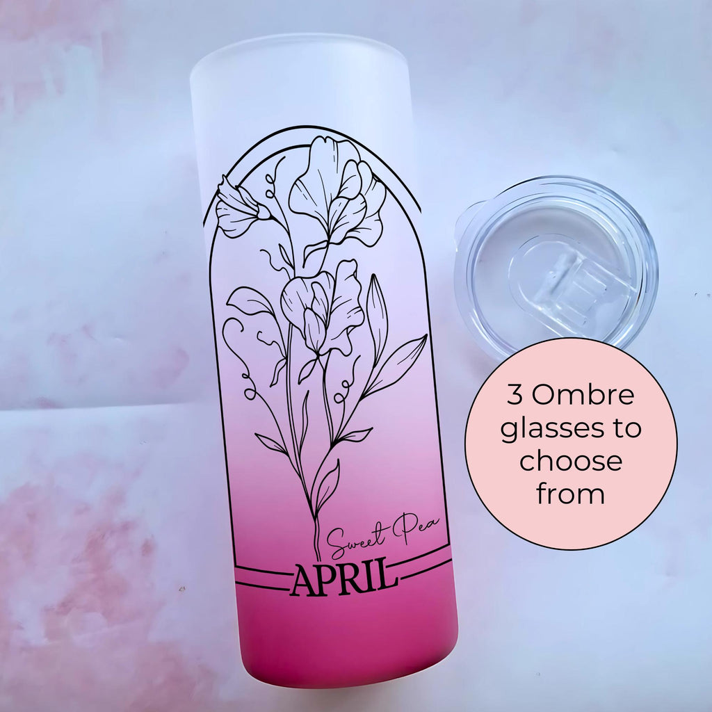 April Birth Flower Glass Ombre Tumbler, Daisy Line Art Floral Gift For Easter