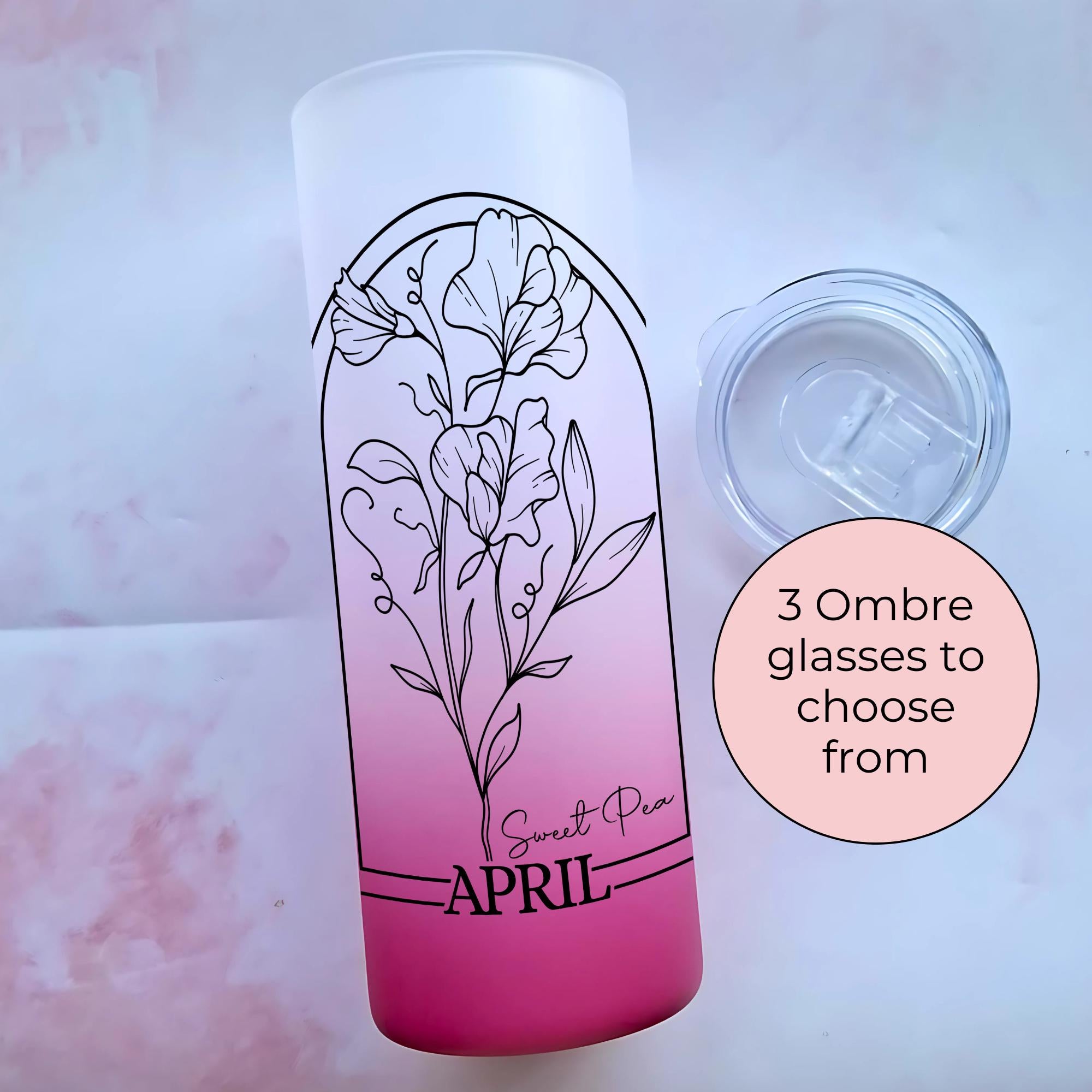 April Birth Flower Glass Ombre Tumbler, Daisy Line Art Floral Gift For Easter