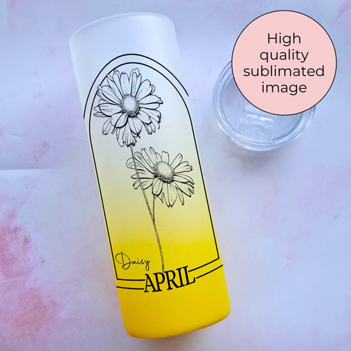 April Birth Flower 20oz Ombre Tumbler, Daisy Line Art Monogram Glass For Mothers Day, Birthday