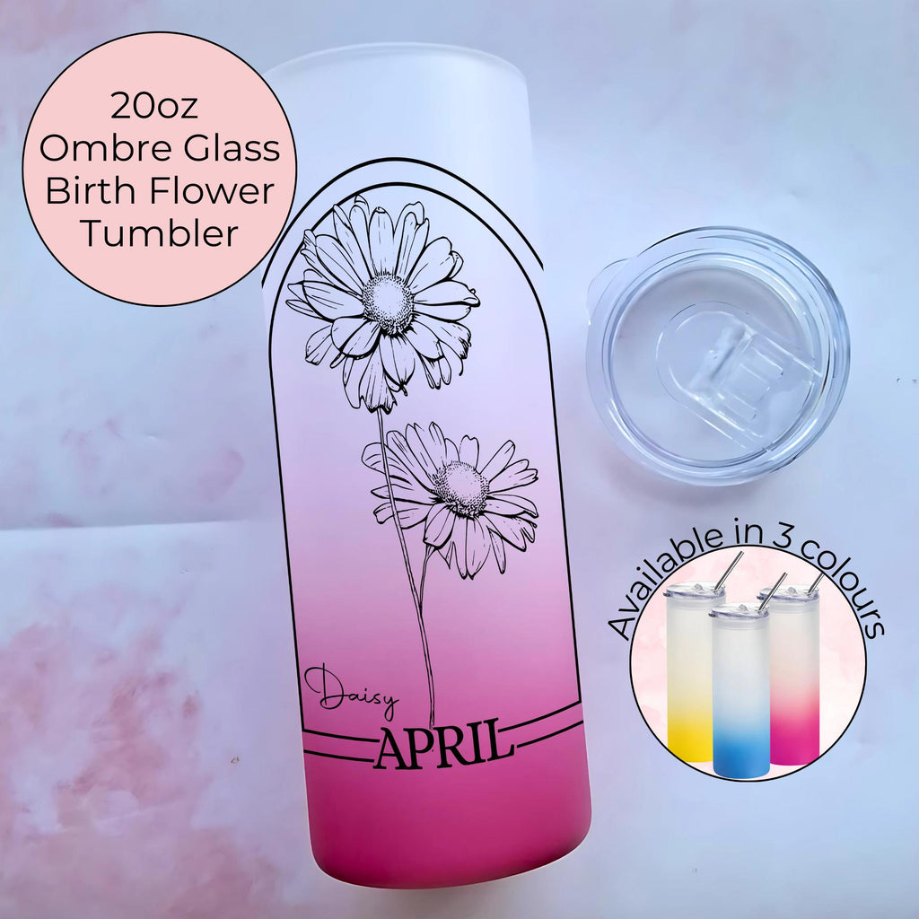 April Birth Flower 20oz Ombre Tumbler, Daisy Line Art Monogram Glass For Mothers Day, Birthday