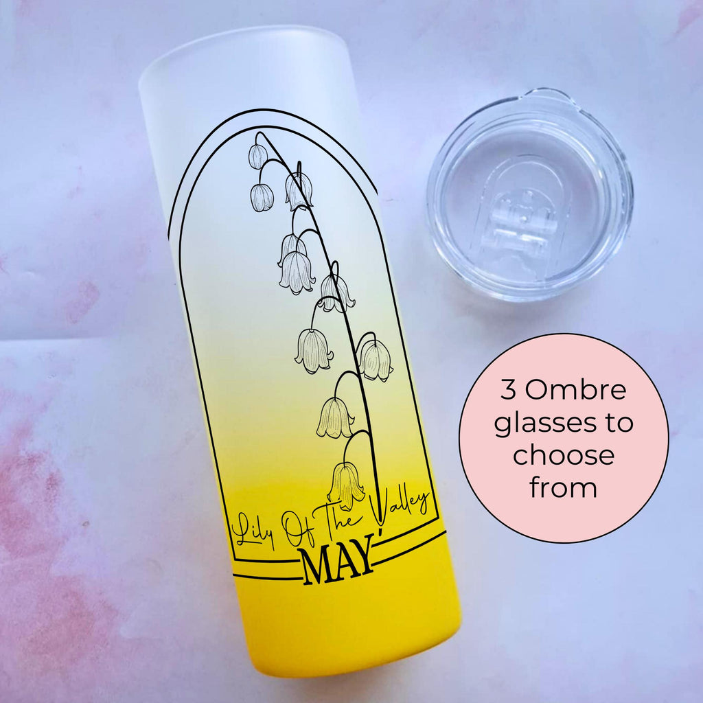 May Ombre Glass Tumbler With Lily Of The Valley Line Art Flower, Gift For Mum, Sister