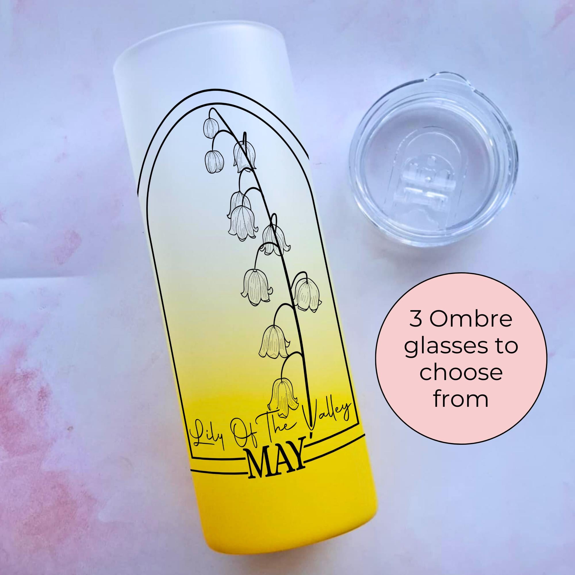 May Ombre Glass Tumbler With Lily Of The Valley Line Art Flower, Gift For Mum, Sister