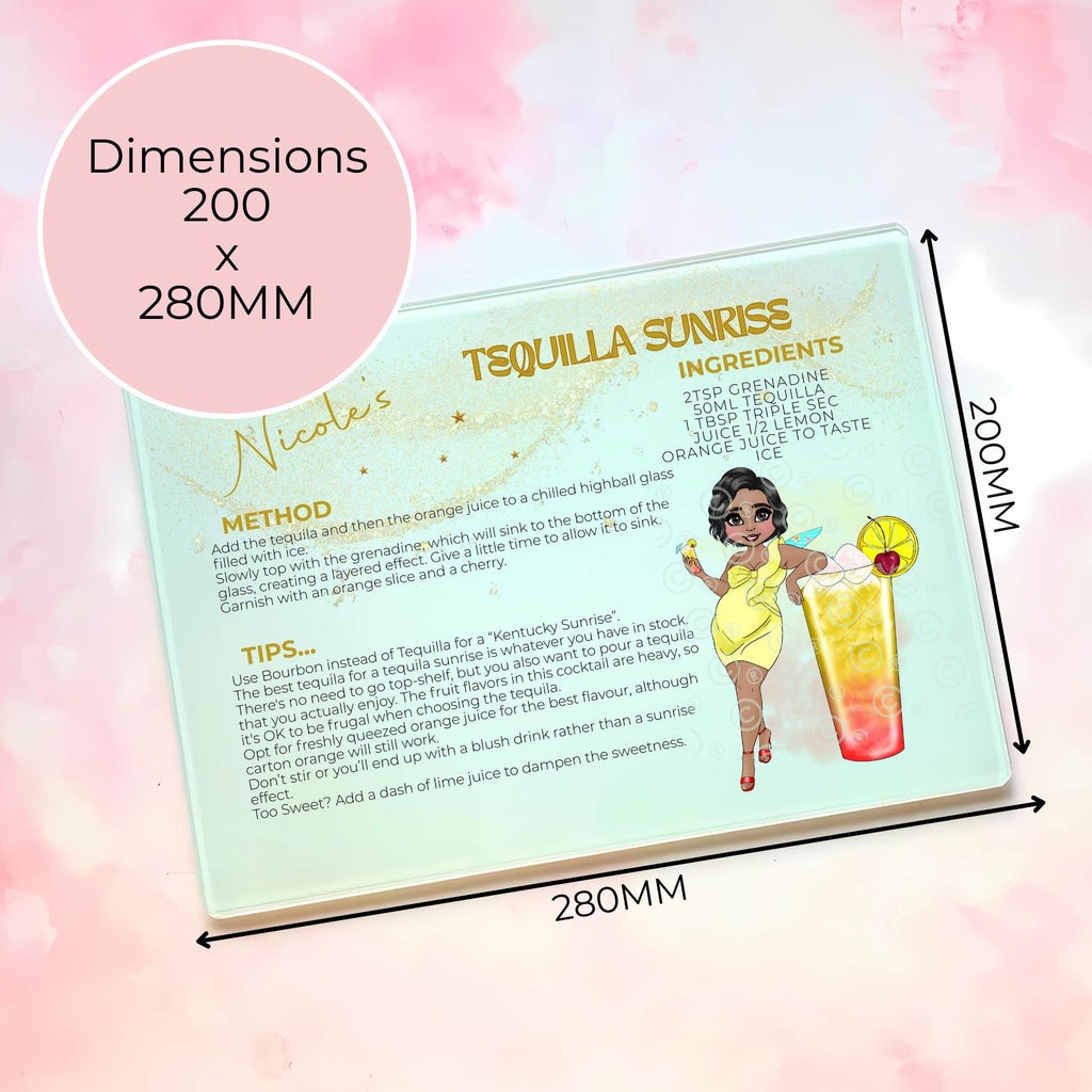 Personalised A4 Tequila Sunrise Cocktail Cutting Board, Tempered Glass Chopping Board For Cocktail Parties