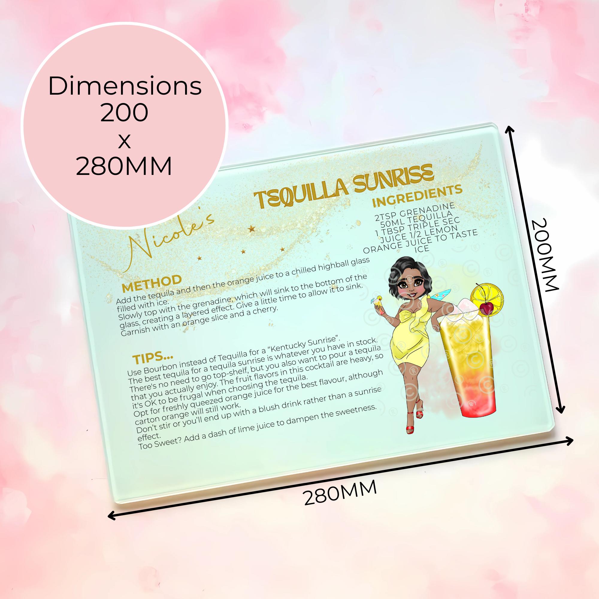 Personalised A4 Tequila Sunrise Cocktail Cutting Board, Tempered Glass Chopping Board For Cocktail Parties