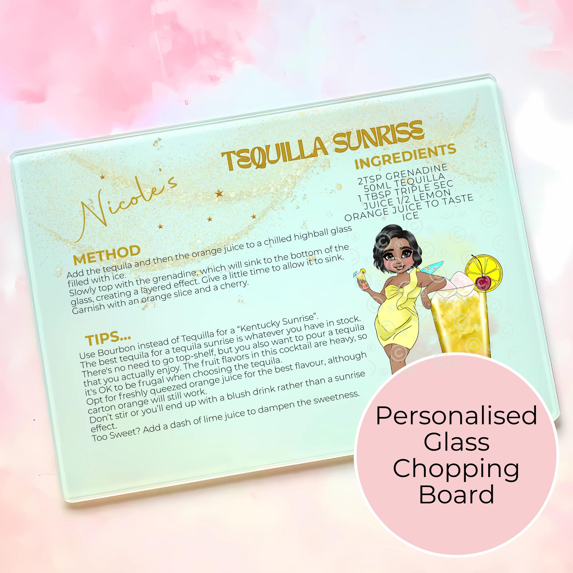 Personalised A4 Tequila Sunrise Cocktail Cutting Board, Tempered Glass Chopping Board For Cocktail Parties