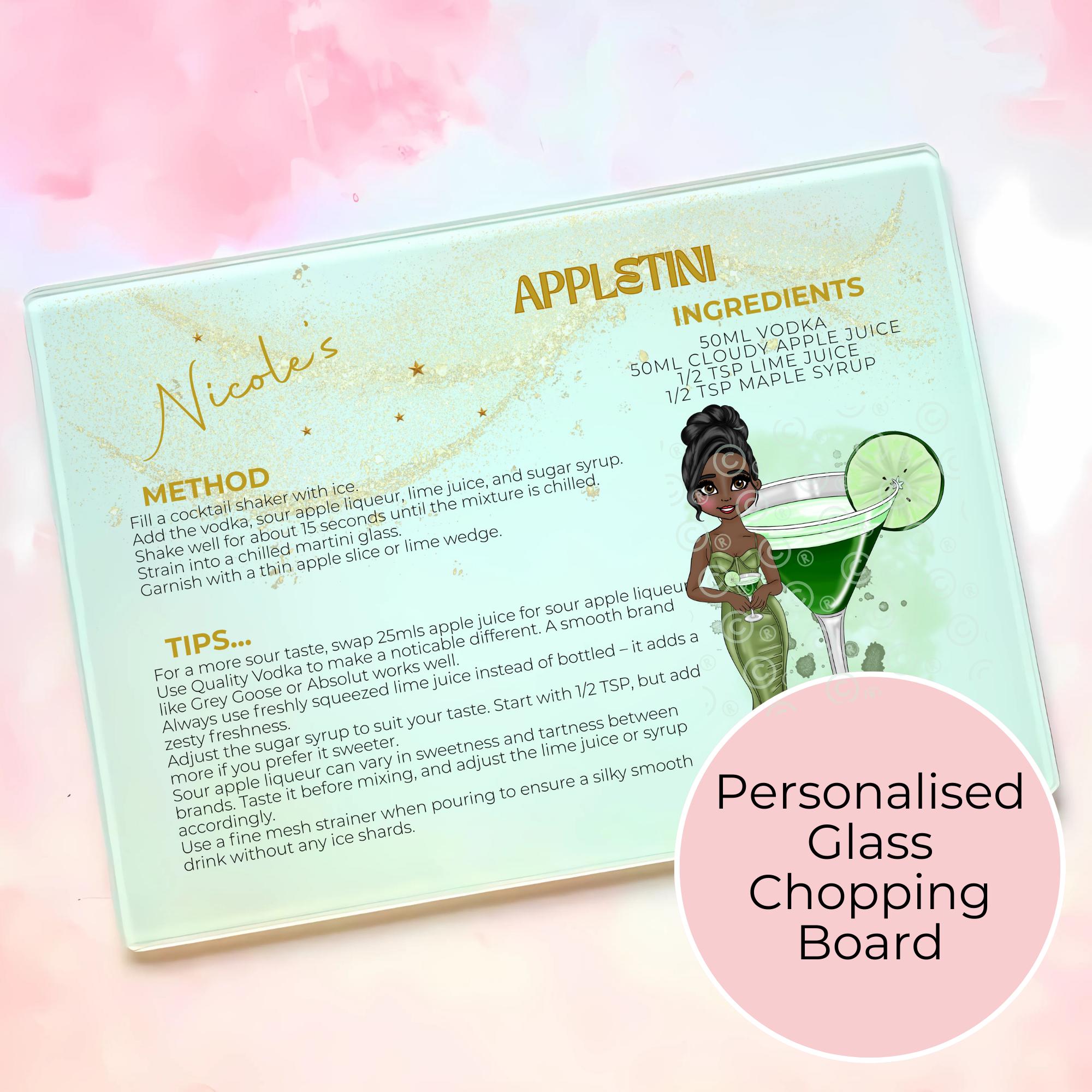 Personalised Appletini Cocktail Chopping Board, A4 Tempered Glass Worktop Saver