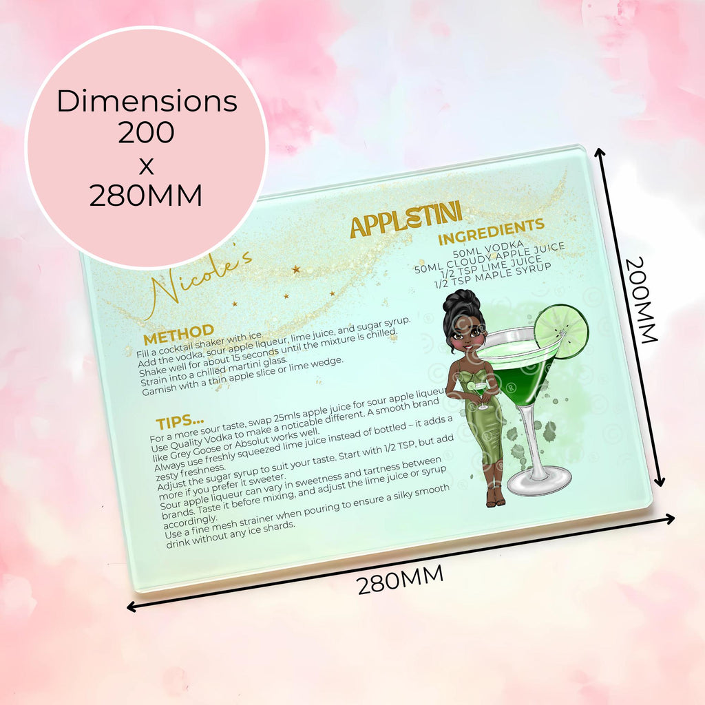 Personalised Appletini Cocktail Chopping Board, A4 Tempered Glass Worktop Saver