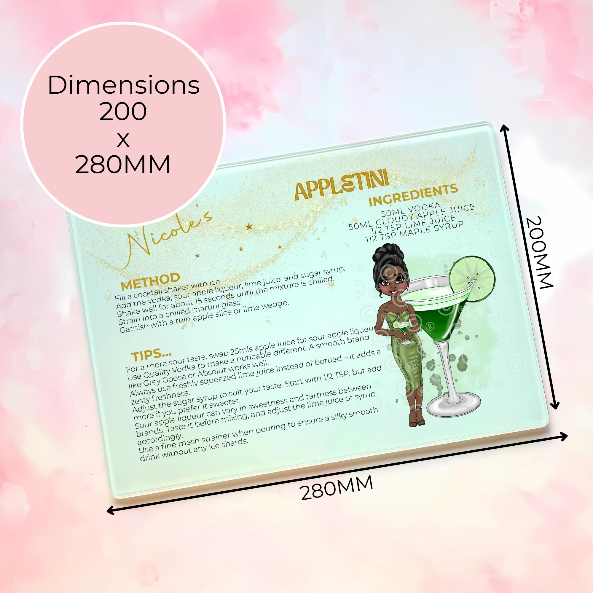 Personalised Appletini Cocktail Chopping Board, A4 Tempered Glass Worktop Saver