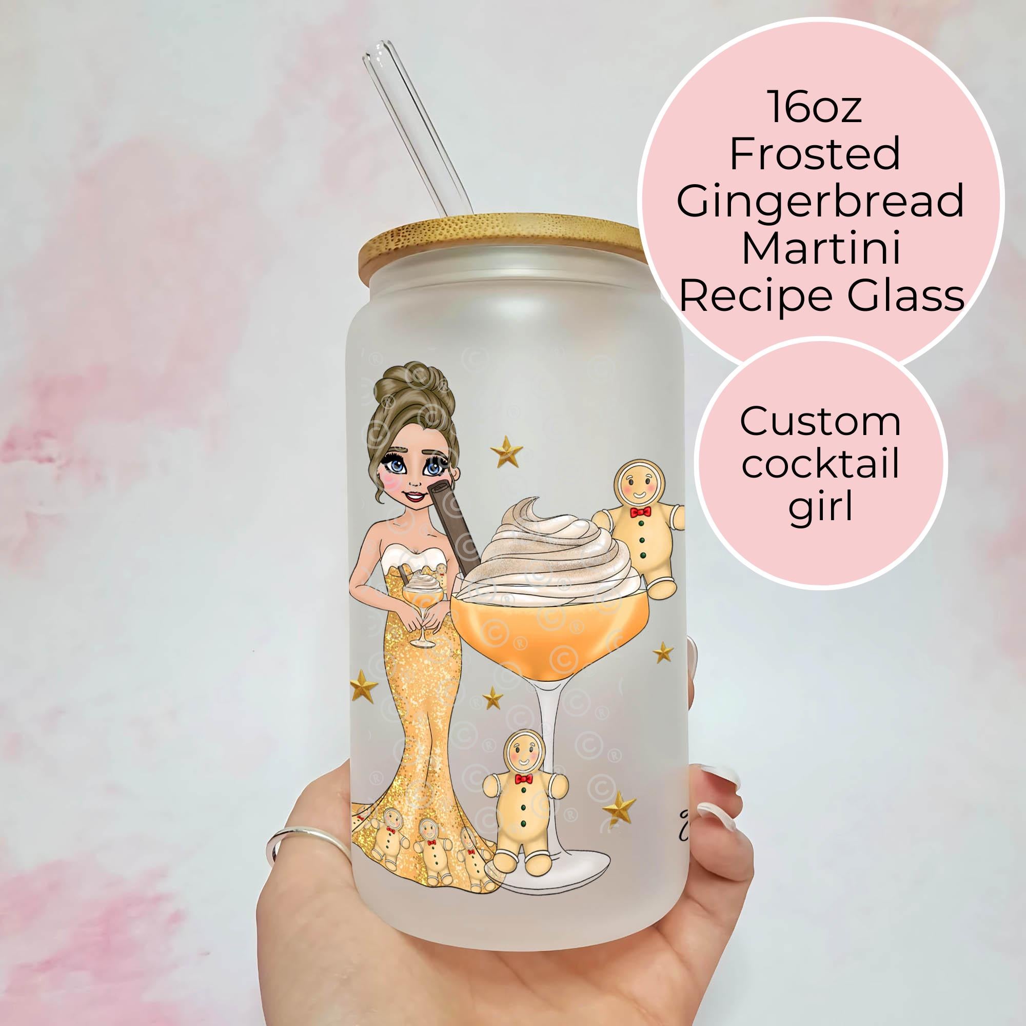 Personalised Gingerbread Martini Character Glass With Cocktail Recipe, Christmas Secret Santa Gift For Co-Worker