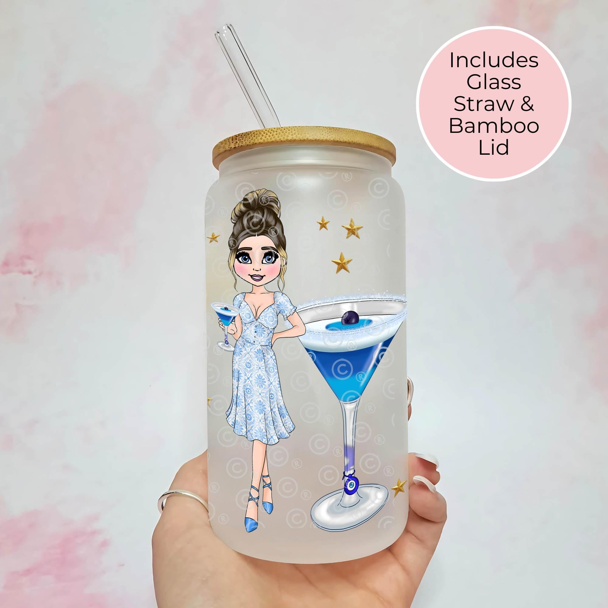 Personalised Greek Mati Character Glass With Cocktail Recipe, Evil Eye Cocktail Drinkware