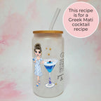 Personalised Greek Mati Character Glass With Cocktail Recipe, Evil Eye Cocktail Drinkware
