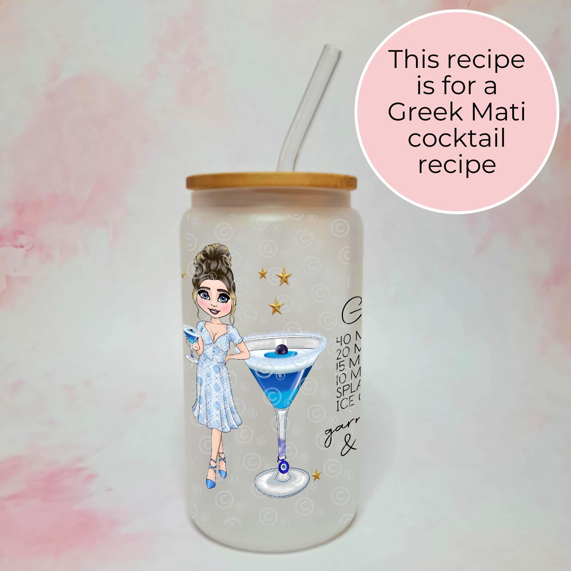 Personalised Greek Mati Character Glass With Cocktail Recipe, Evil Eye Cocktail Drinkware