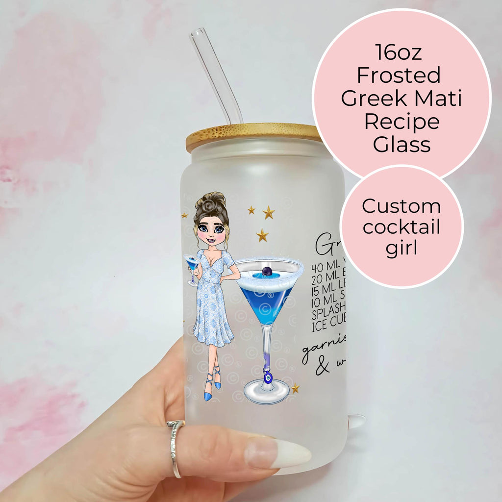 Personalised Greek Mati Character Glass With Cocktail Recipe, Evil Eye Cocktail Drinkware