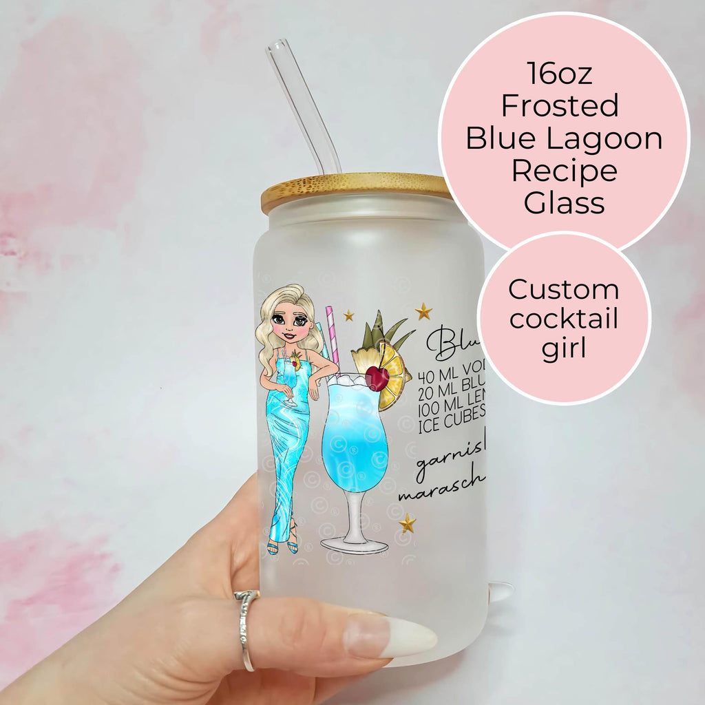 Personalised Blue Lagoon Frosted Recipe Glass With Custom Character
