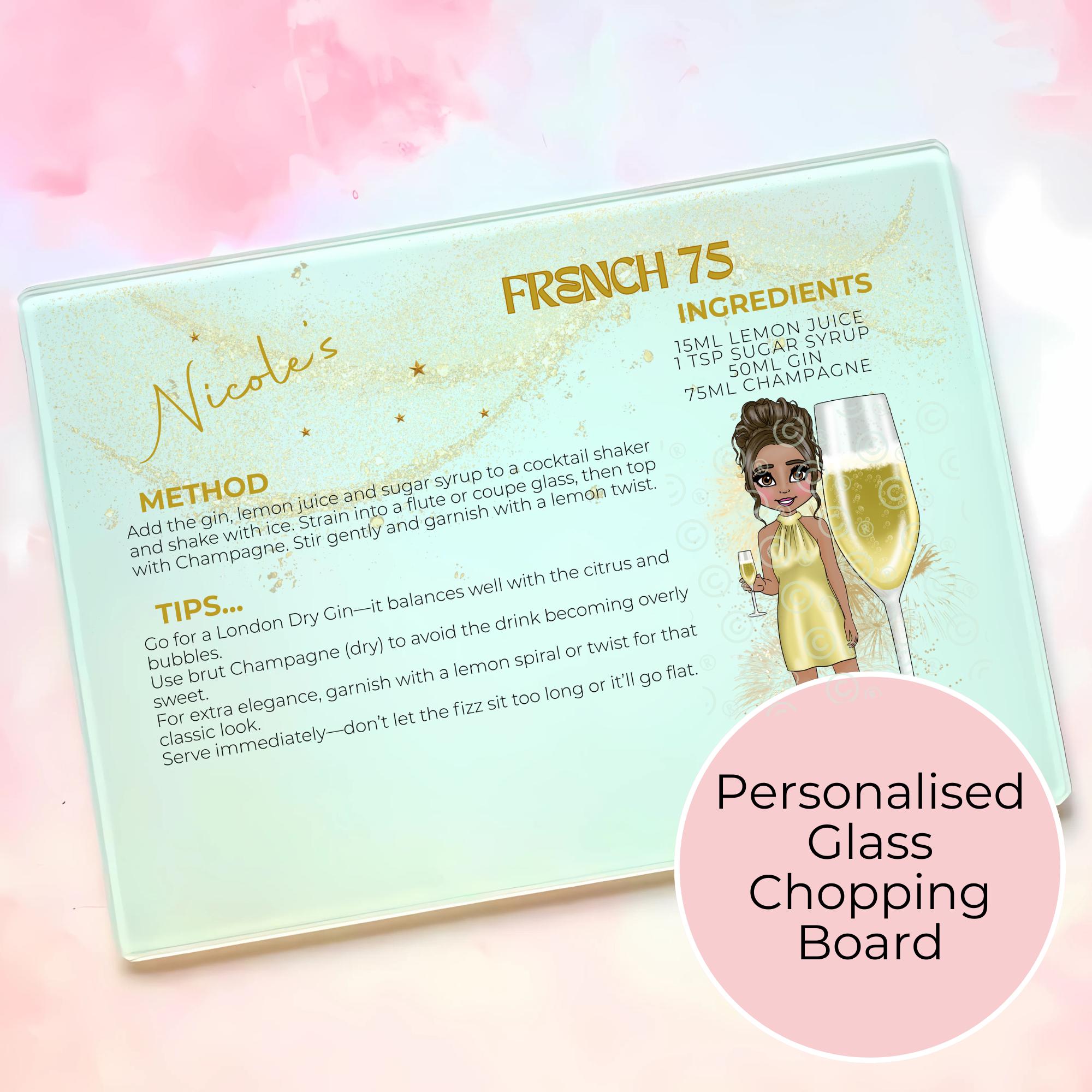 Personalised A4 French 75 Cocktail Cutting Board, Tempered Glass Chopping Board