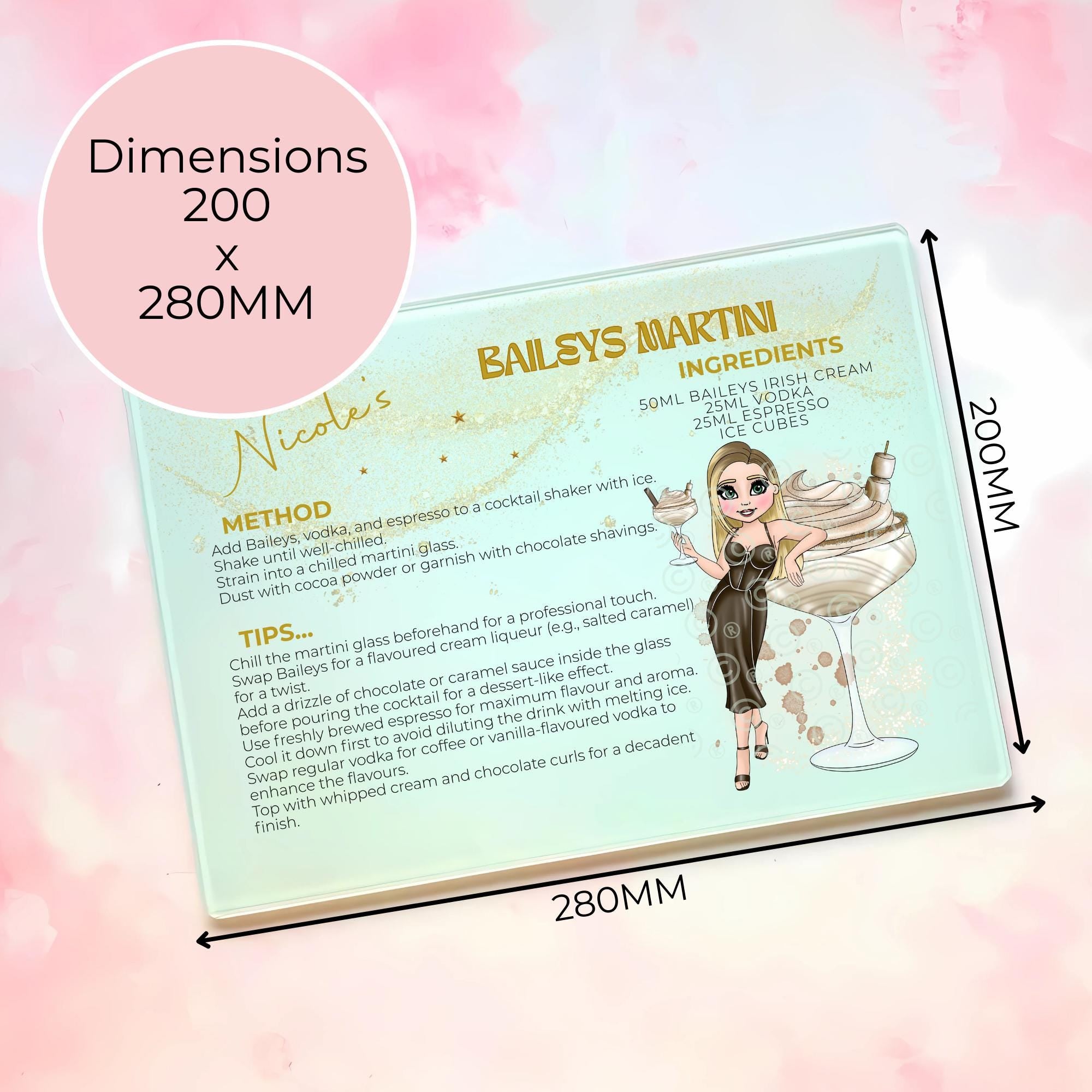 Personalised A4 Baileys Martini Cocktail Cutting Board, Tempered Glass Chopping Board For Christmas Season