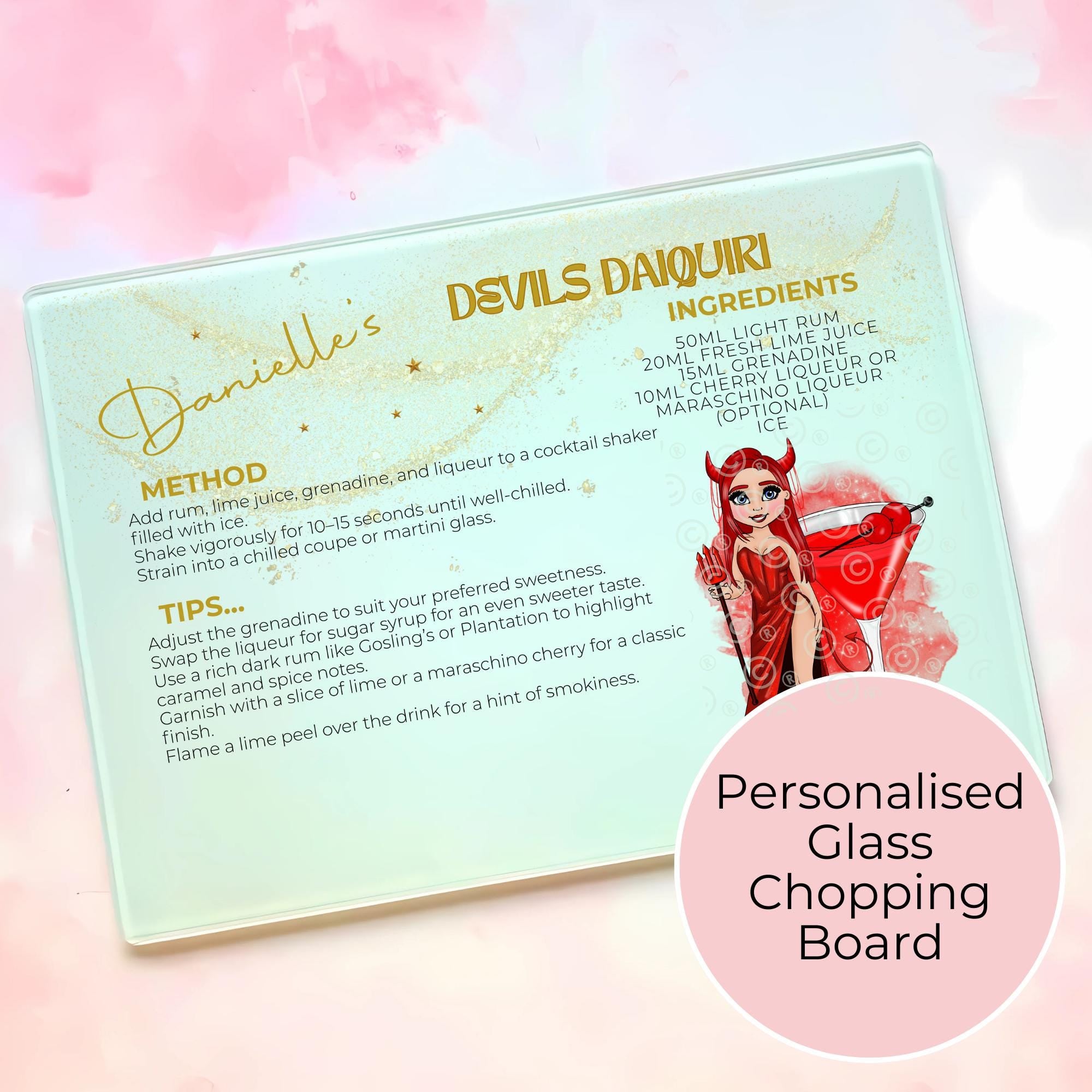 Personalised Devils Daiquiri Cocktail Chopping Board, A4 Tempered Glass Worktop Saver