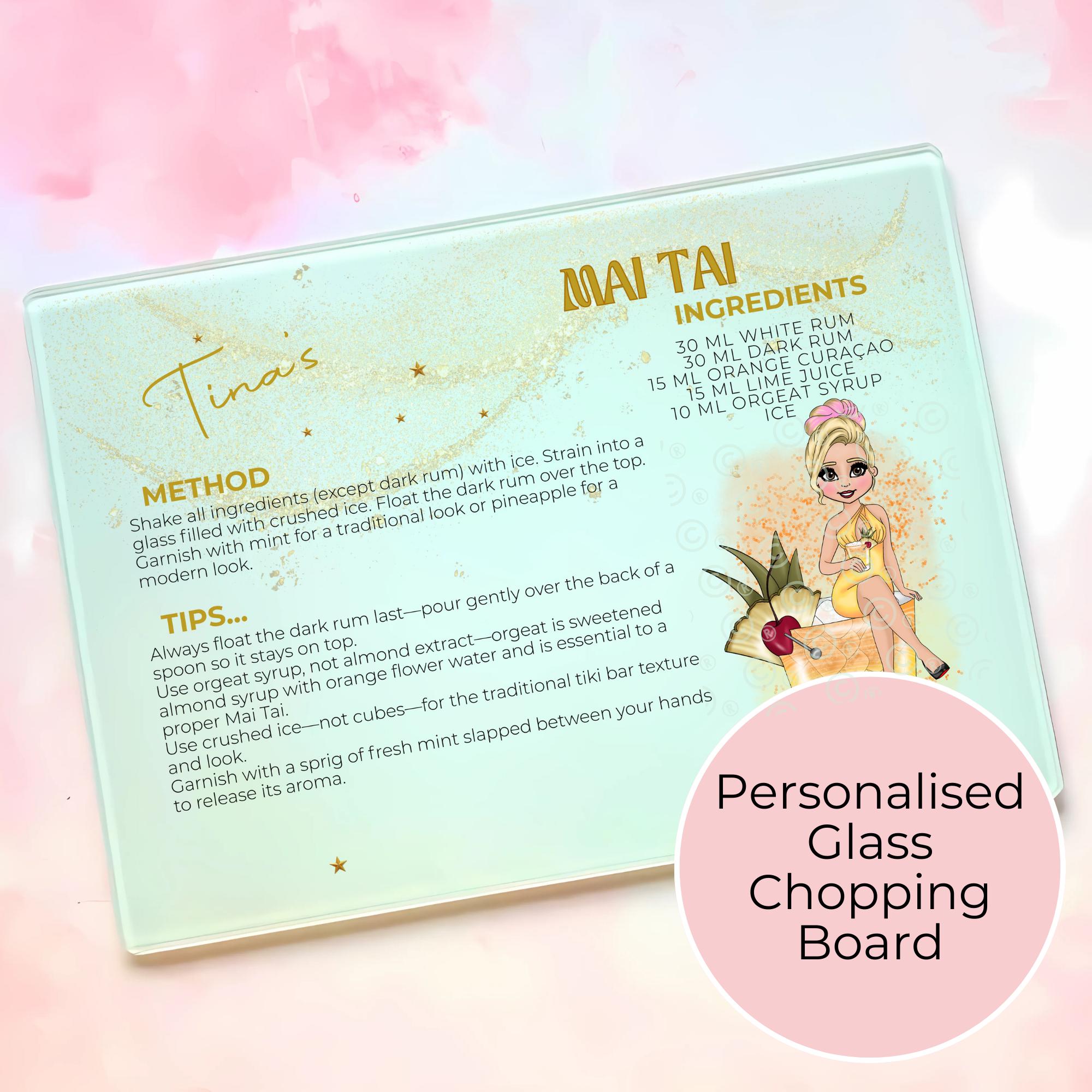 Personalised Mai Tai Cocktail Chopping Board, A4 Tempered Glass Worktop Saver