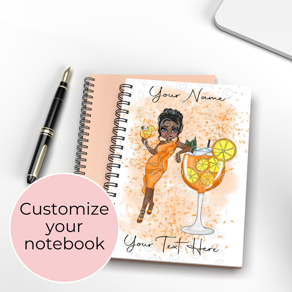 Personalised Orange Spritz Cocktail Girl A5 Notebook, Wire Bound Lined Journal Gift for Cocktail Lovers