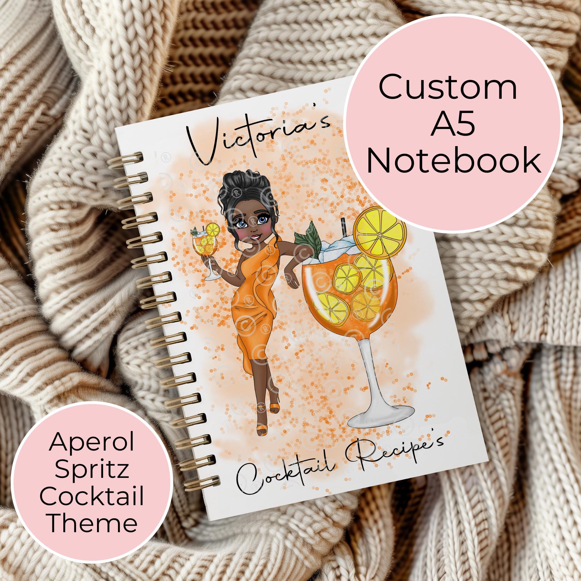 Personalised Orange Spritz Cocktail Girl A5 Notebook, Wire Bound Lined Journal Gift for Cocktail Lovers