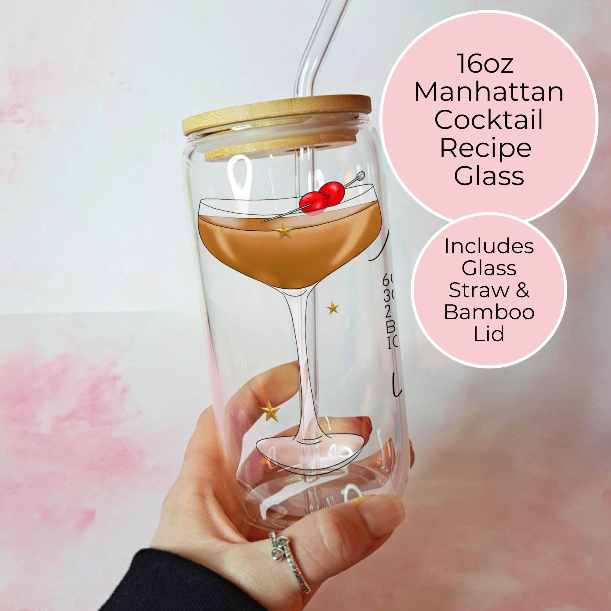 16oz Manhattan Cocktail Recipe Glass with Bamboo Lid & Straw