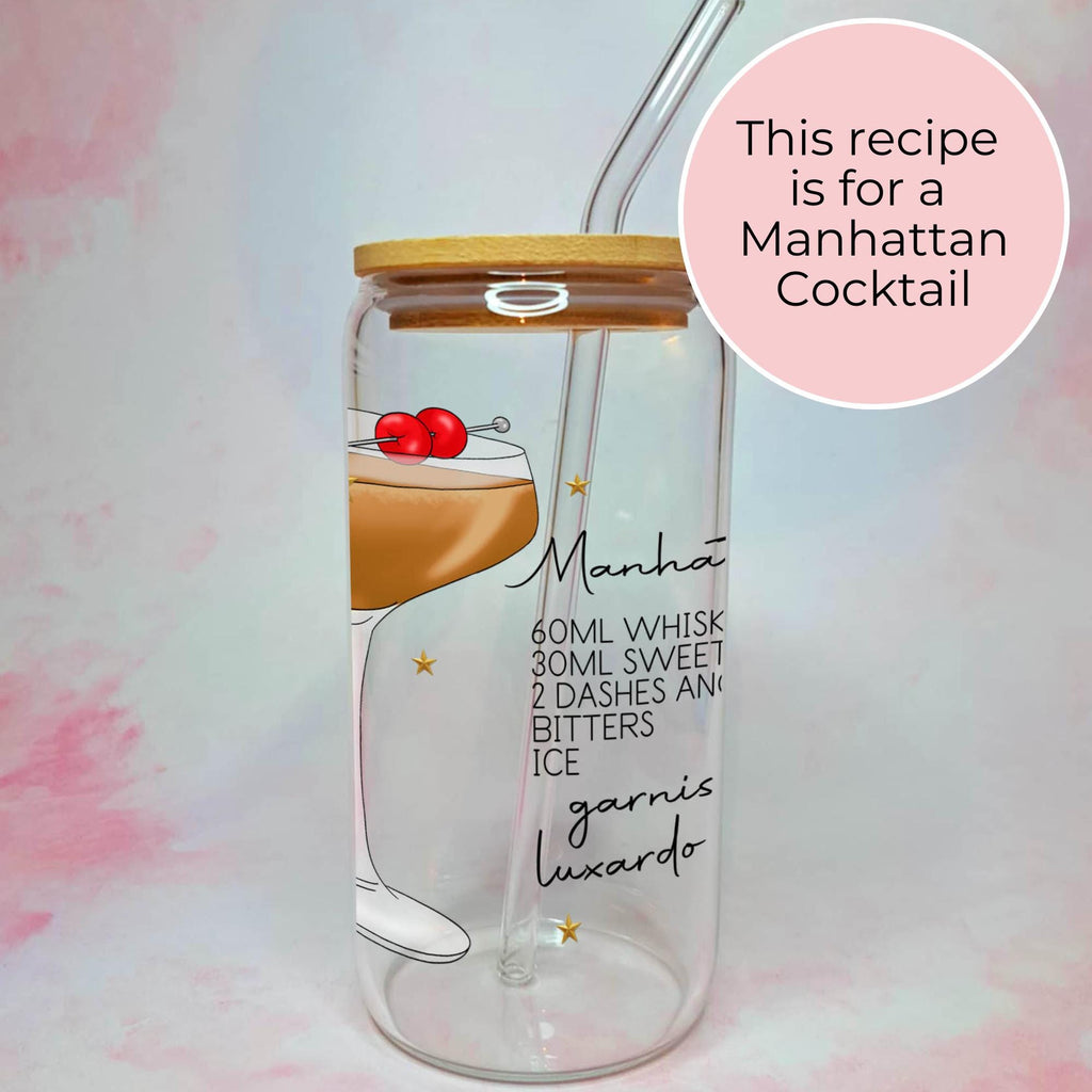 16oz Manhattan Cocktail Recipe Glass with Bamboo Lid & Straw