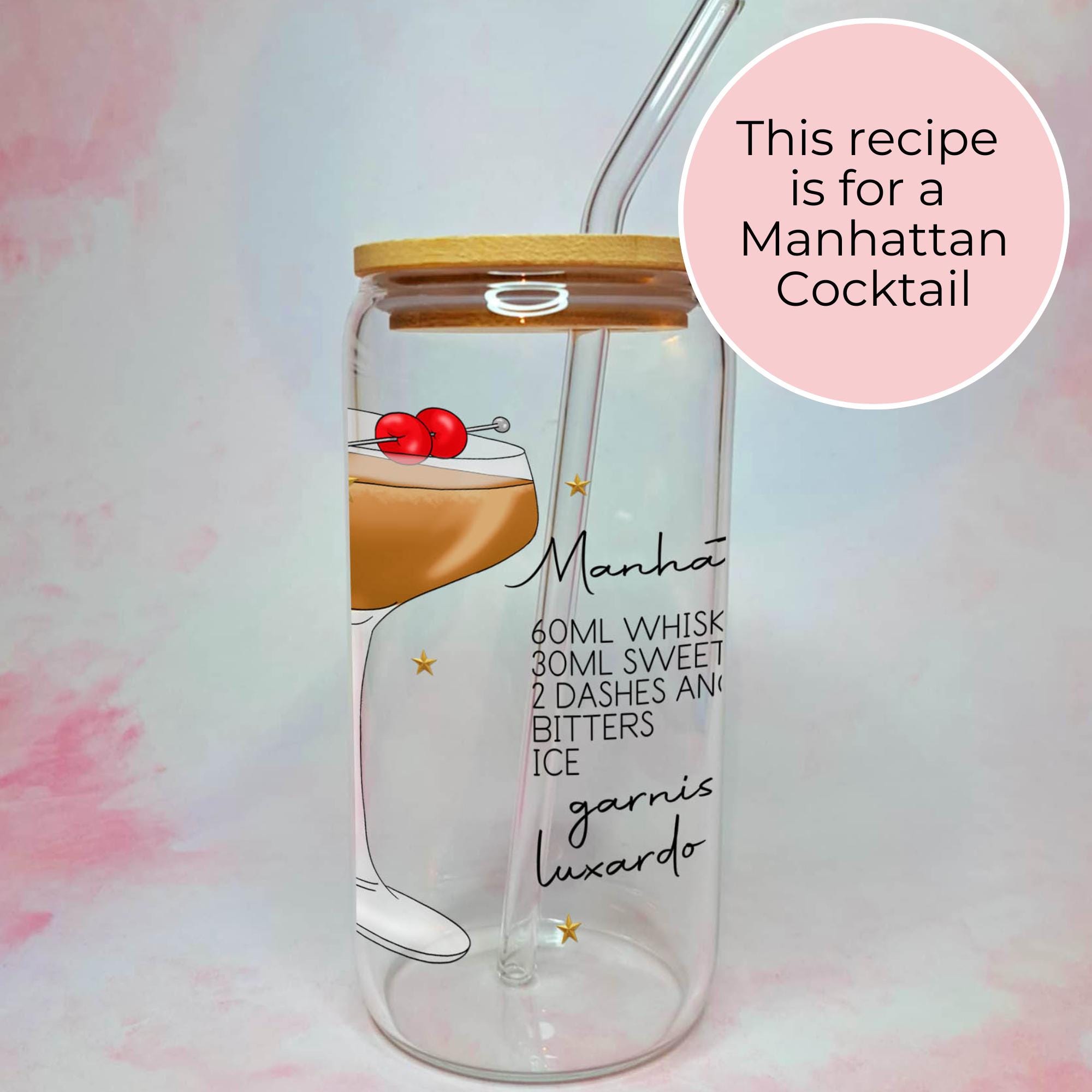 16oz Manhattan Cocktail Recipe Glass with Bamboo Lid & Straw