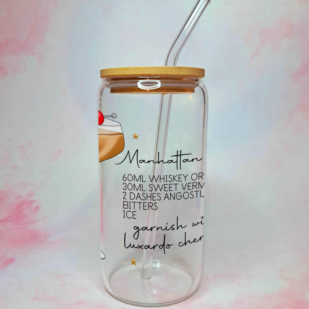 16oz Manhattan Cocktail Recipe Glass with Bamboo Lid & Straw