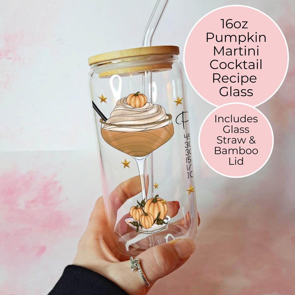 16oz Pumpkin Martini Cocktail Recipe Glass with Bamboo Lid & Straw
