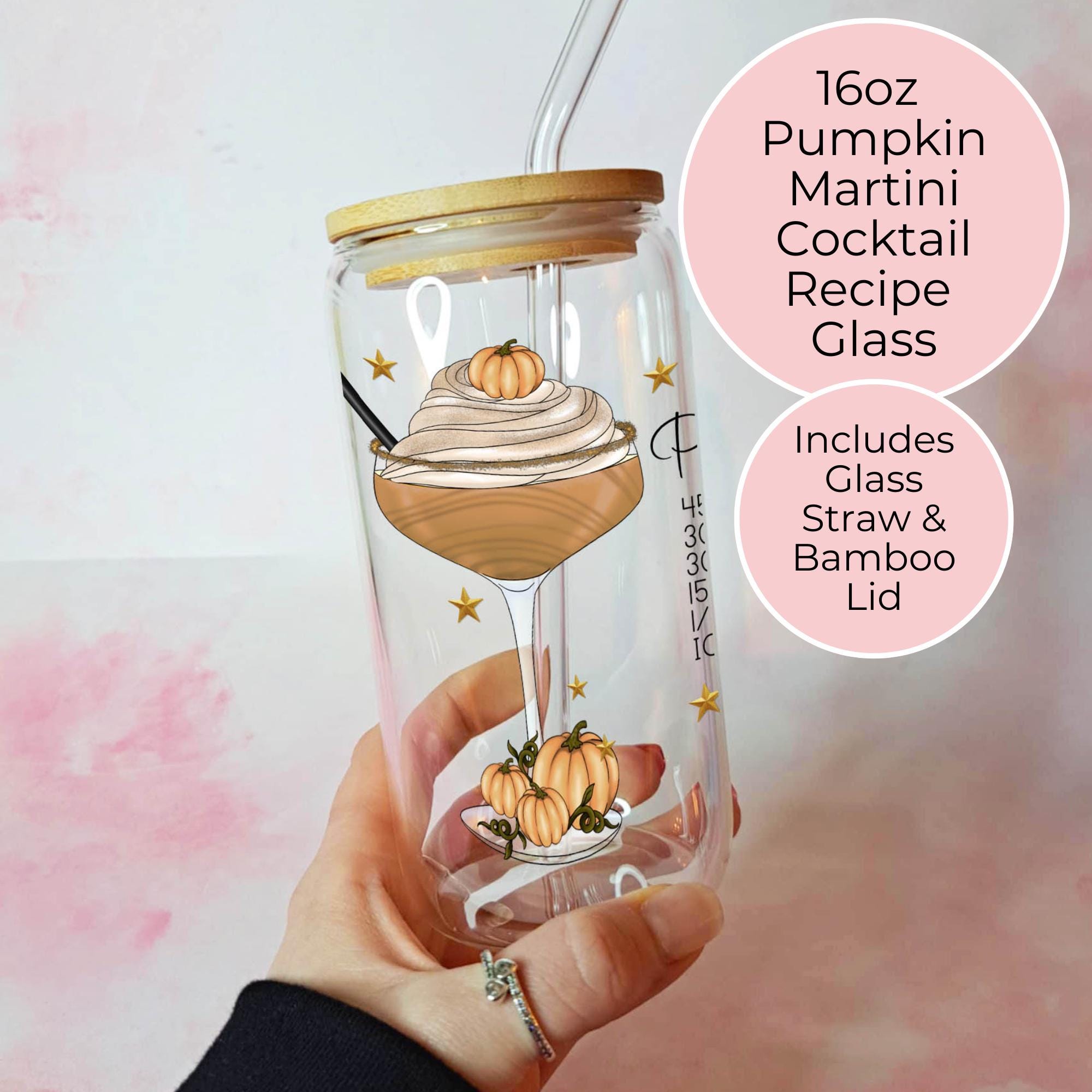 16oz Pumpkin Martini Cocktail Recipe Glass with Bamboo Lid & Straw