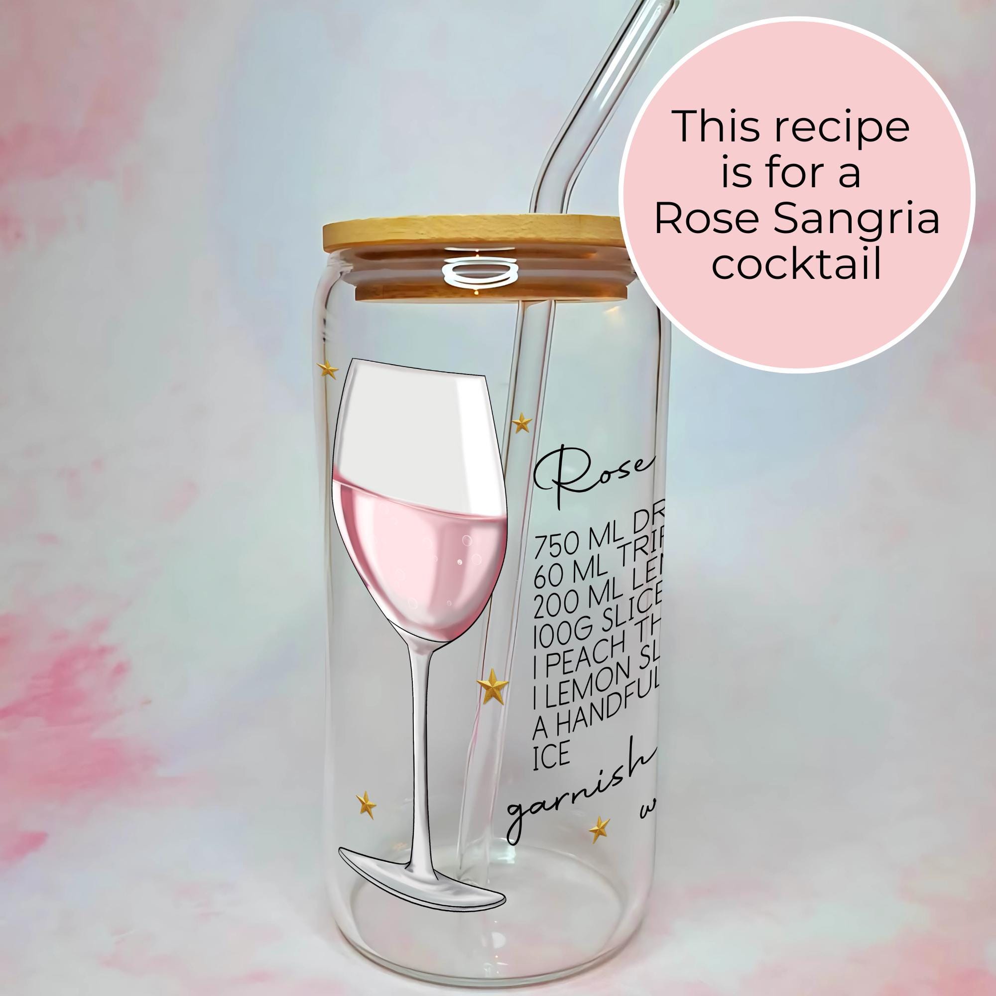 16oz Rose Sangria Cocktail Recipe Glass with Bamboo Lid & Straw