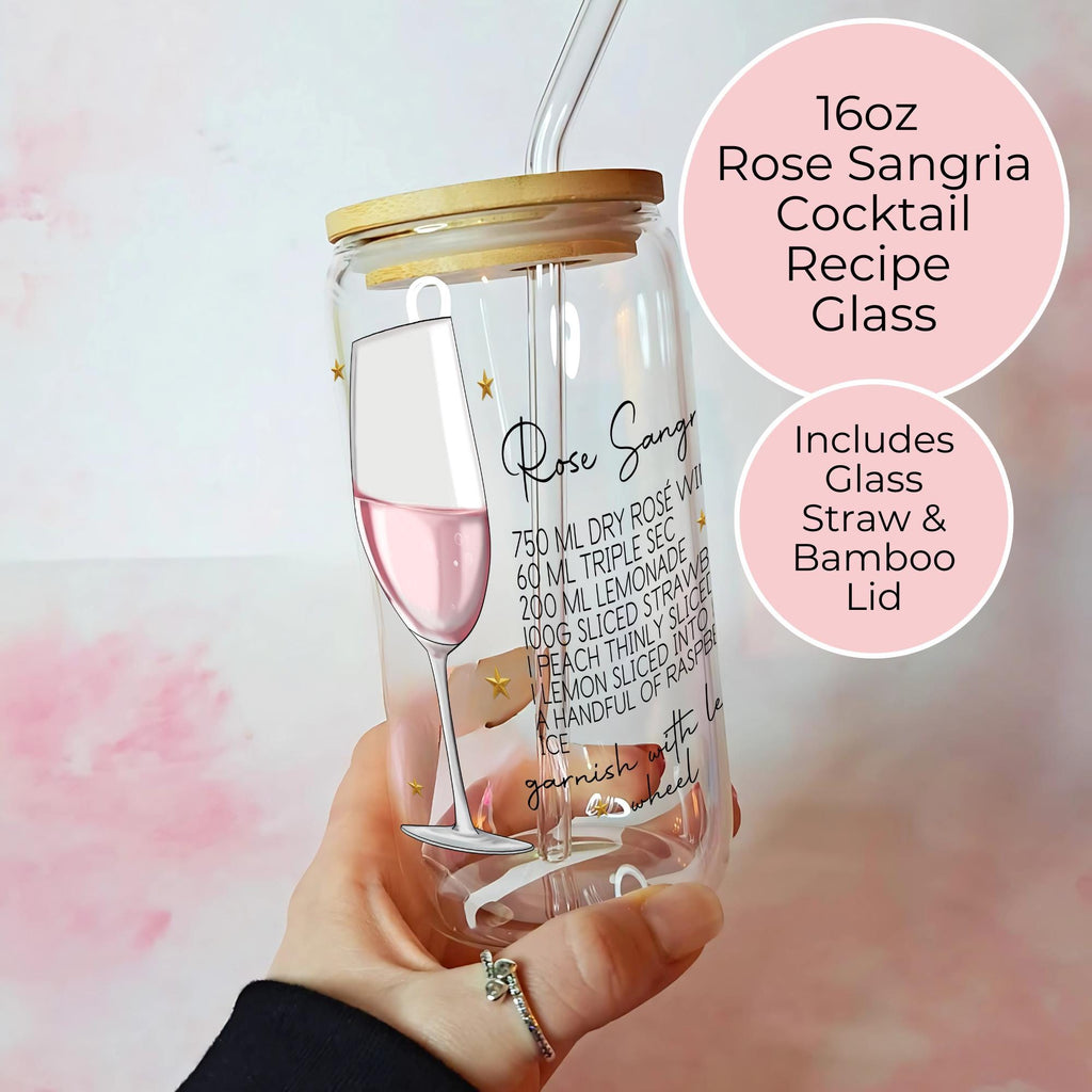 16oz Rose Sangria Cocktail Recipe Glass with Bamboo Lid & Straw