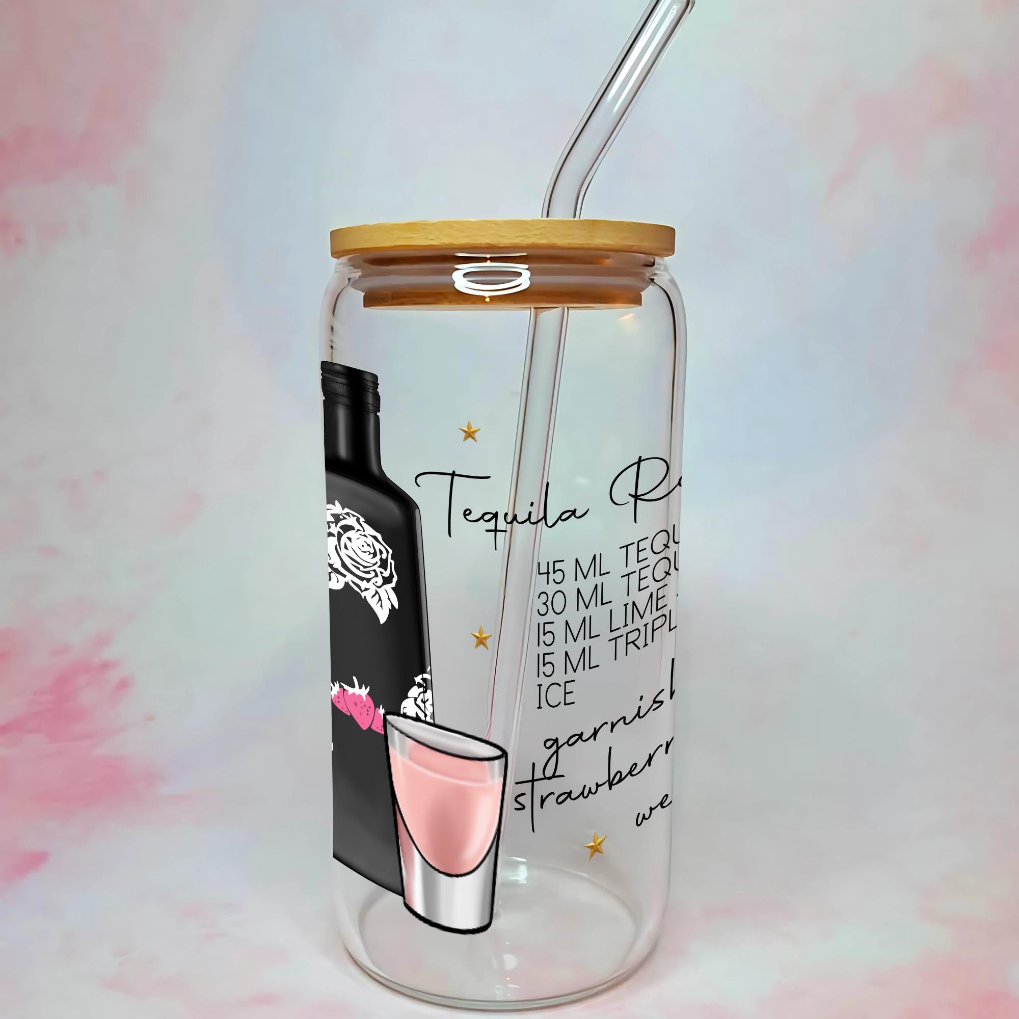 16oz Tequila Rose Cocktail Recipe Glass with Bamboo Lid & Straw