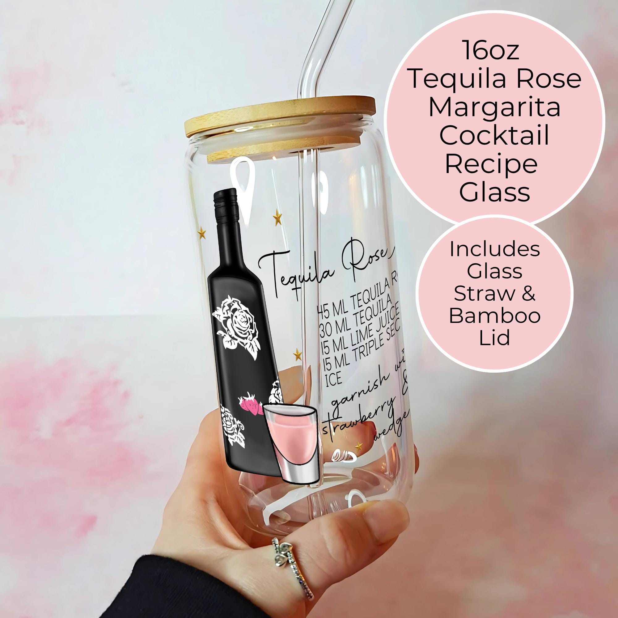 16oz Tequila Rose Cocktail Recipe Glass with Bamboo Lid & Straw