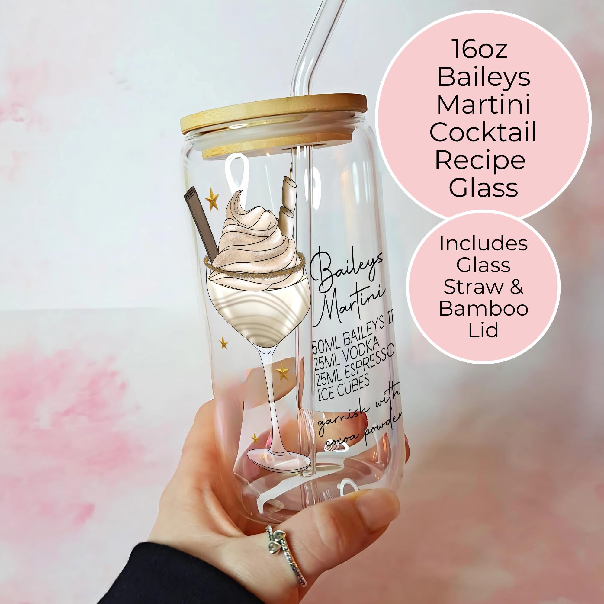 16oz Baileys Martini Cocktail Recipe Glass with Bamboo Lid & Straw