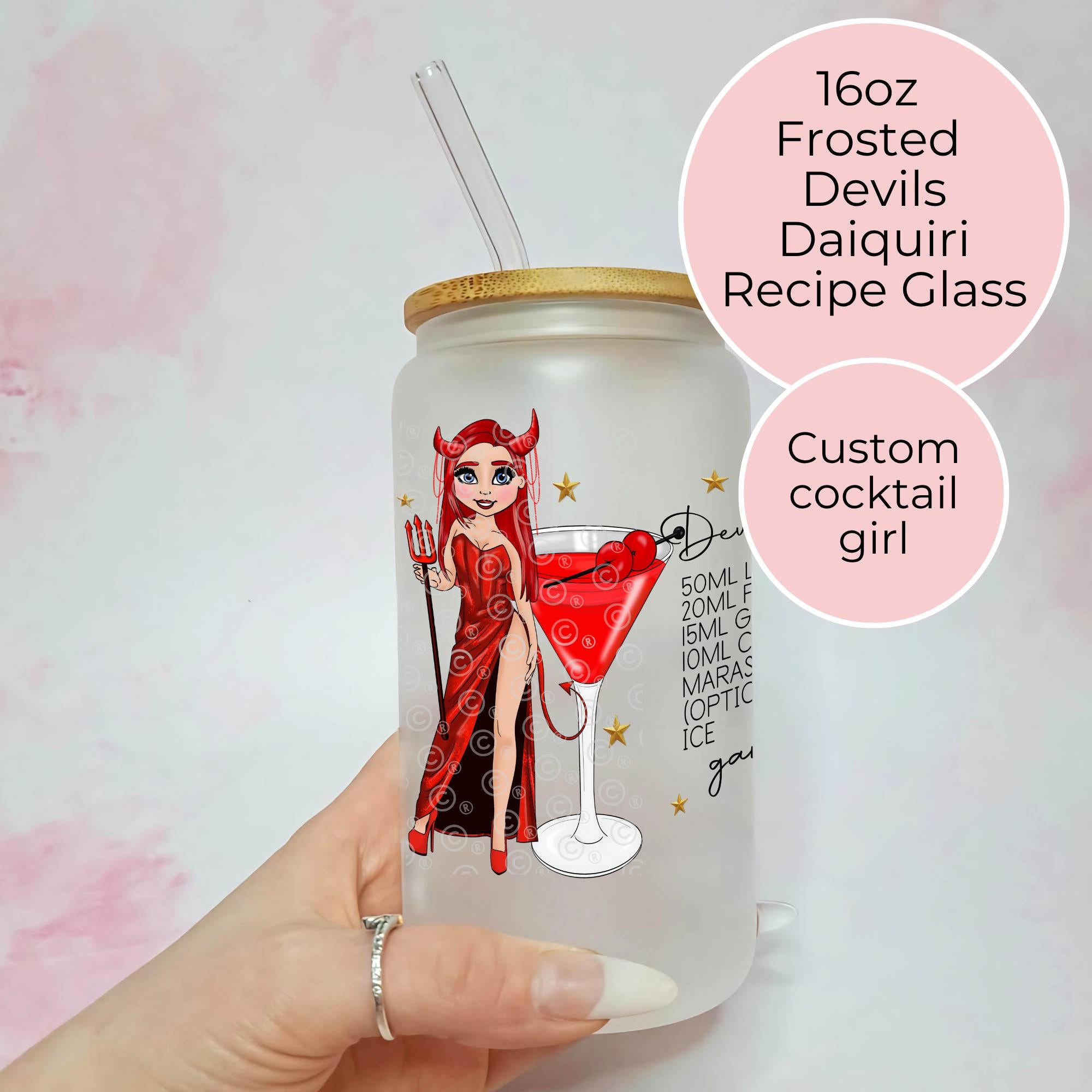 Personalised Devils Daiquiri Character Glass With Cocktail Recipe