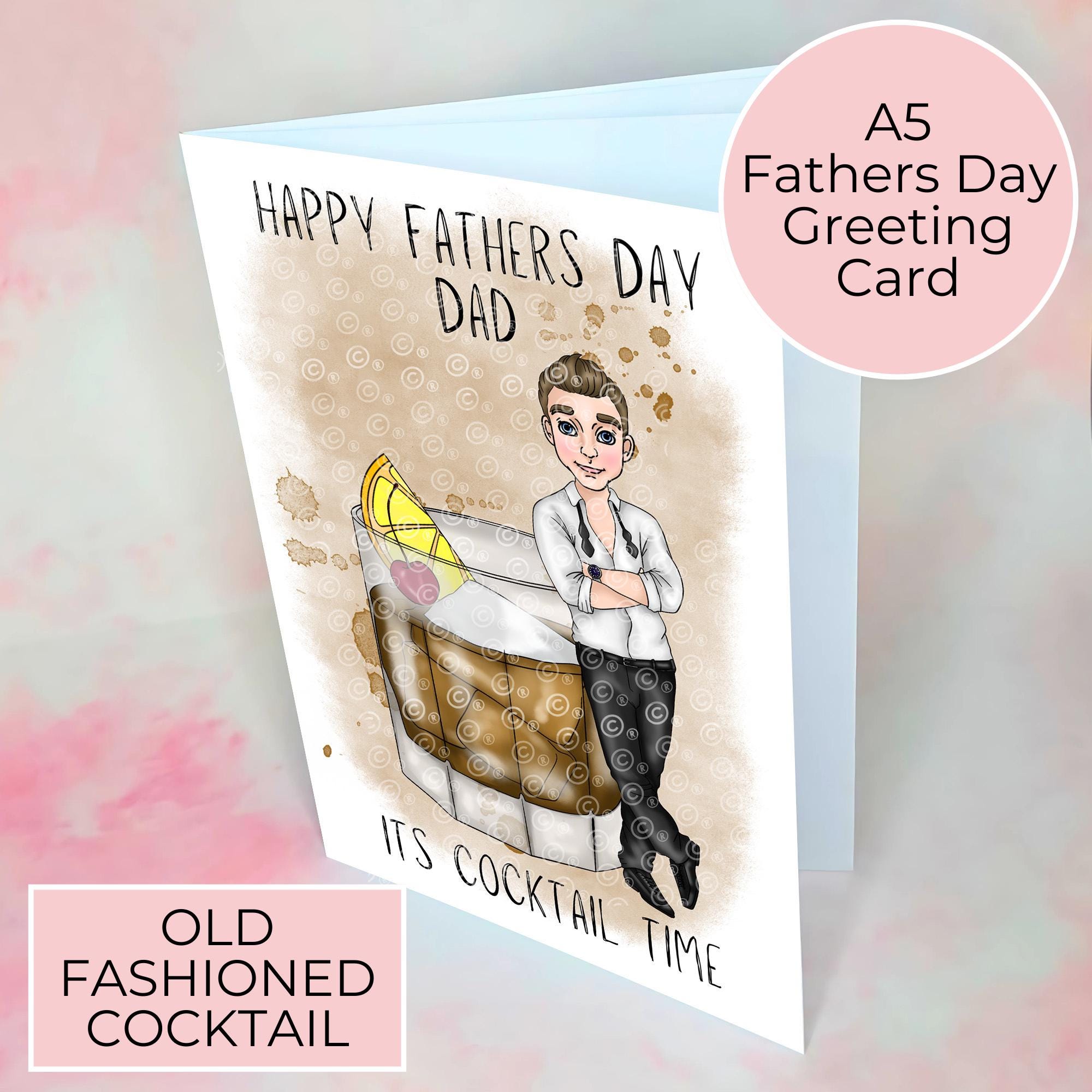 Personalised Old Fashioned Whiskey Father's Day Card, Custom Character Dad Greeting Card