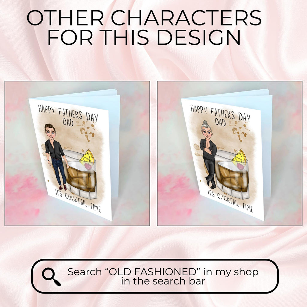 Personalised Old Fashioned Whiskey Father's Day Card, Custom Character Dad Greeting Card