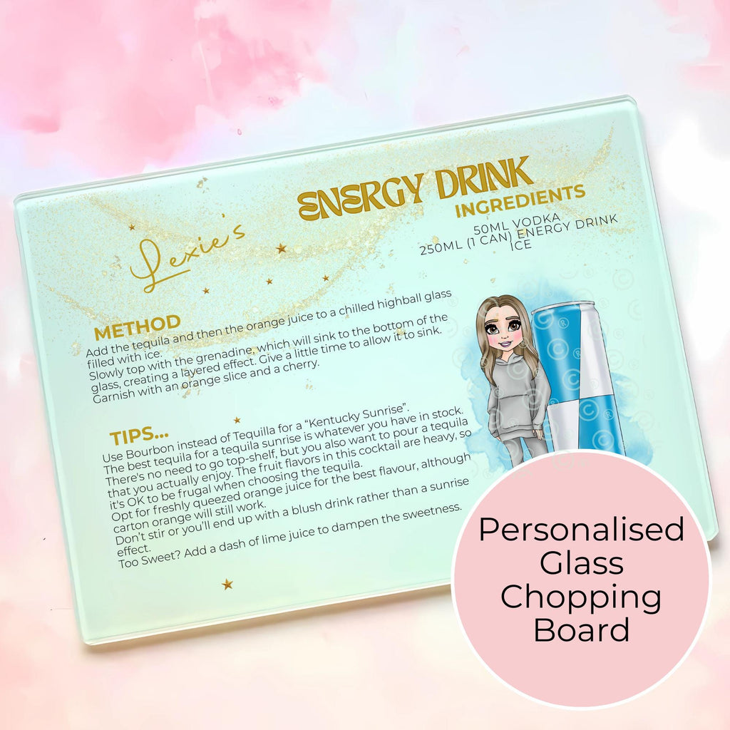 Personalised Energy Drink Cocktail Chopping Board, A4 Tempered Glass Worktop Saver